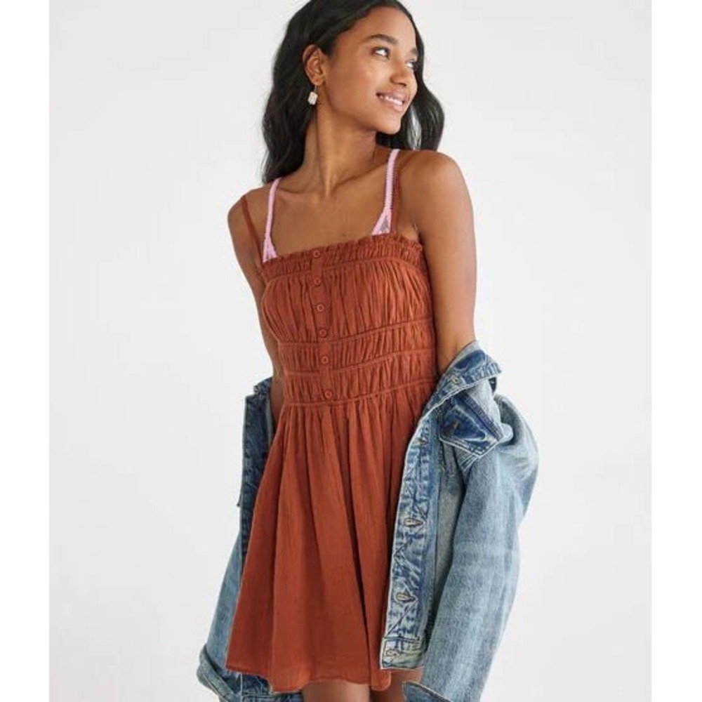 Aeropostale rust mini dress peasant fairy whimsygoth smocked milkmaid babydoll